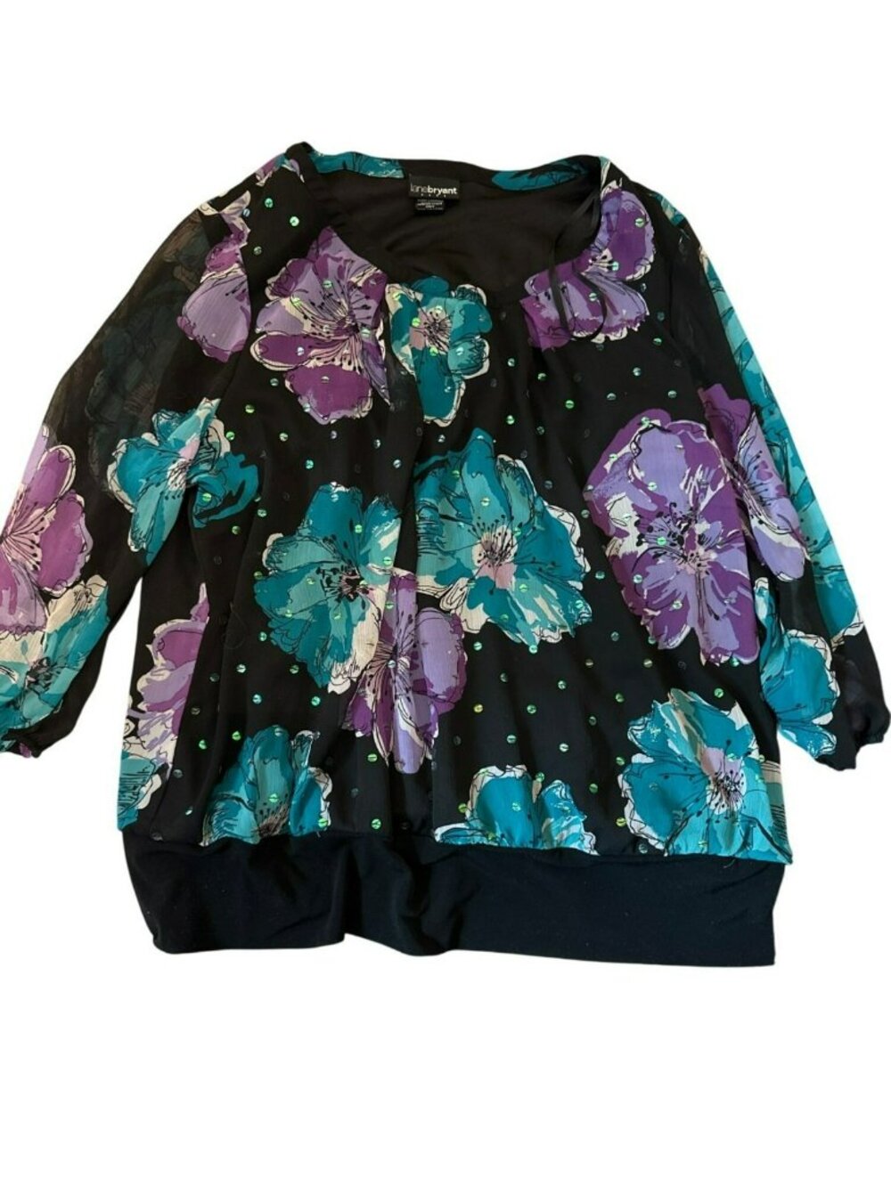 Lane Bryant Womens Blouse Top 18/20W Floral Sheer Black Purple Teal Sequin